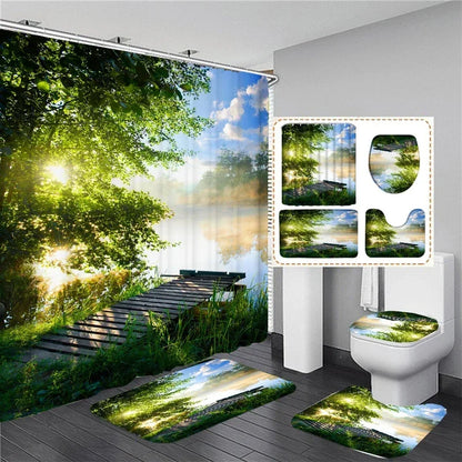 Wasserdichtes Duschvorhang-Set mit sonniger Waldlandschaft, wasserdichter Badezimmer-Toilettensitzbezug, Badewanne, rutschfeste Matte, Teppich, Baddekoration