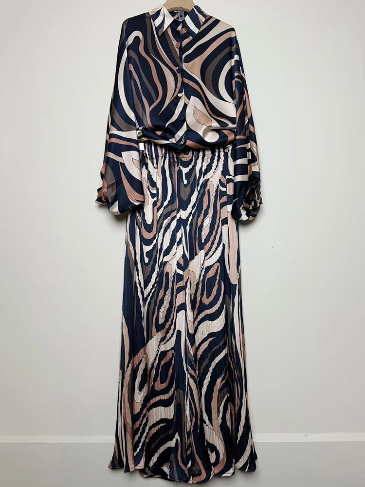 Designer's retro geometric print loose shirt two-piece set for Spring 2025 women's wear + pleated wide-leg pants fashion set.