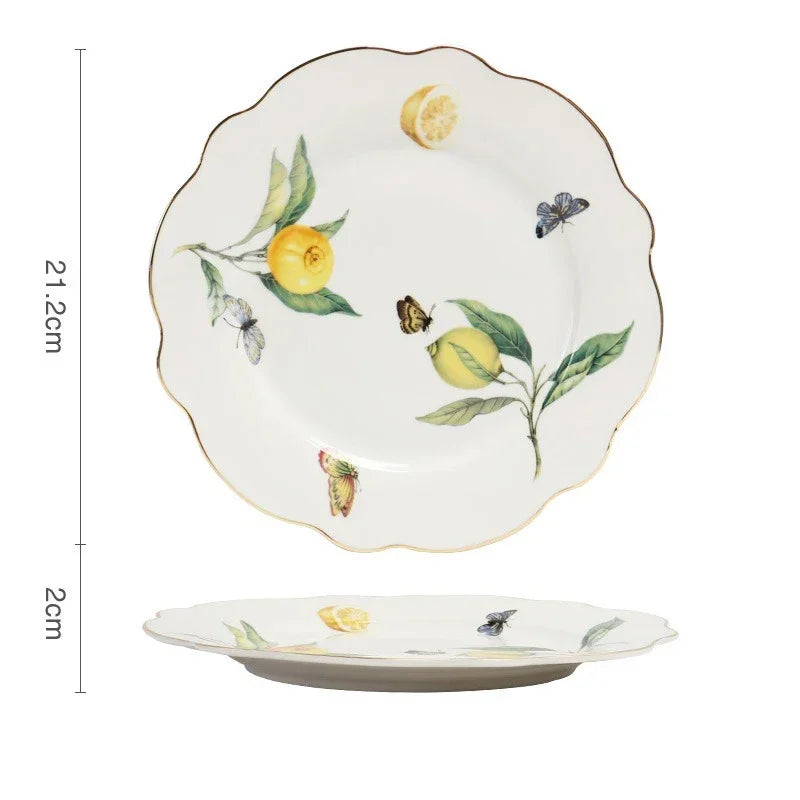 Europeanc Style Ceramic Dining Plate Elegant Lemon Pattern Dinner Steak Plate Coffee Cup Set Western Cuisine Dessert Plate.