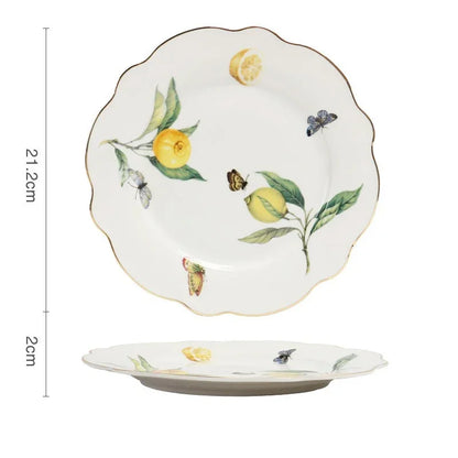 Europeanc Style Ceramic Dining Plate Elegant Lemon Pattern Dinner Steak Plate Coffee Cup Set Western Cuisine Dessert Plate.