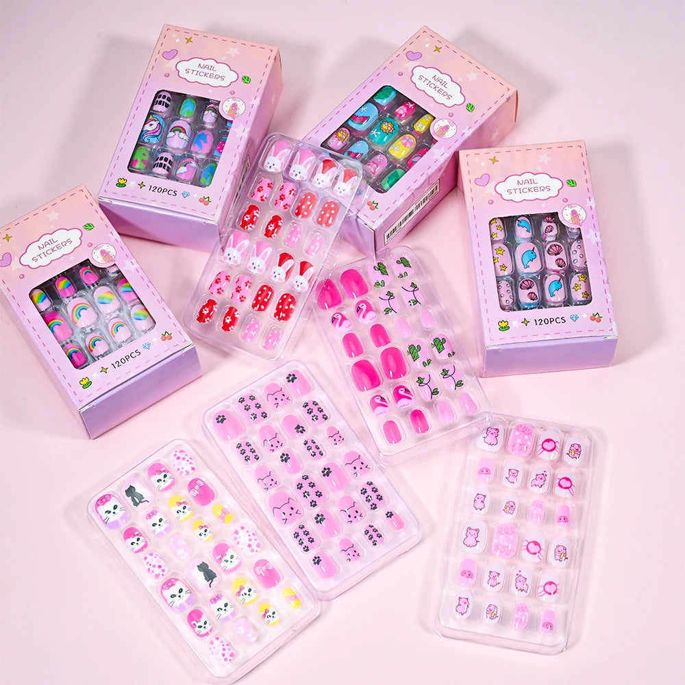 120Pcs Children's Press on Nails Kids Cartoon Acrylic Fake Nails Tips Kawaii Girl Full Cover Short False Nails With Jelly Glue#@.