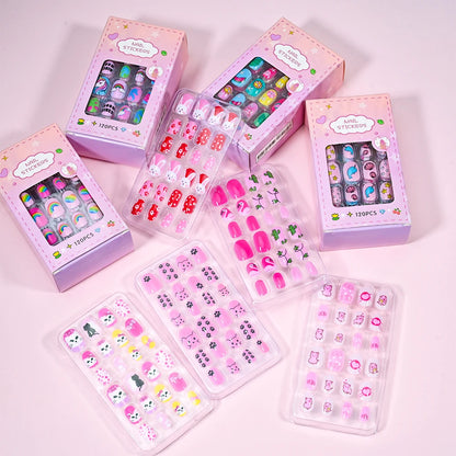 120Pcs Children's Press on Nails Kids Cartoon Acrylic Fake Nails Tips Kawaii Girl Full Cover Short False Nails With Jelly Glue#@.