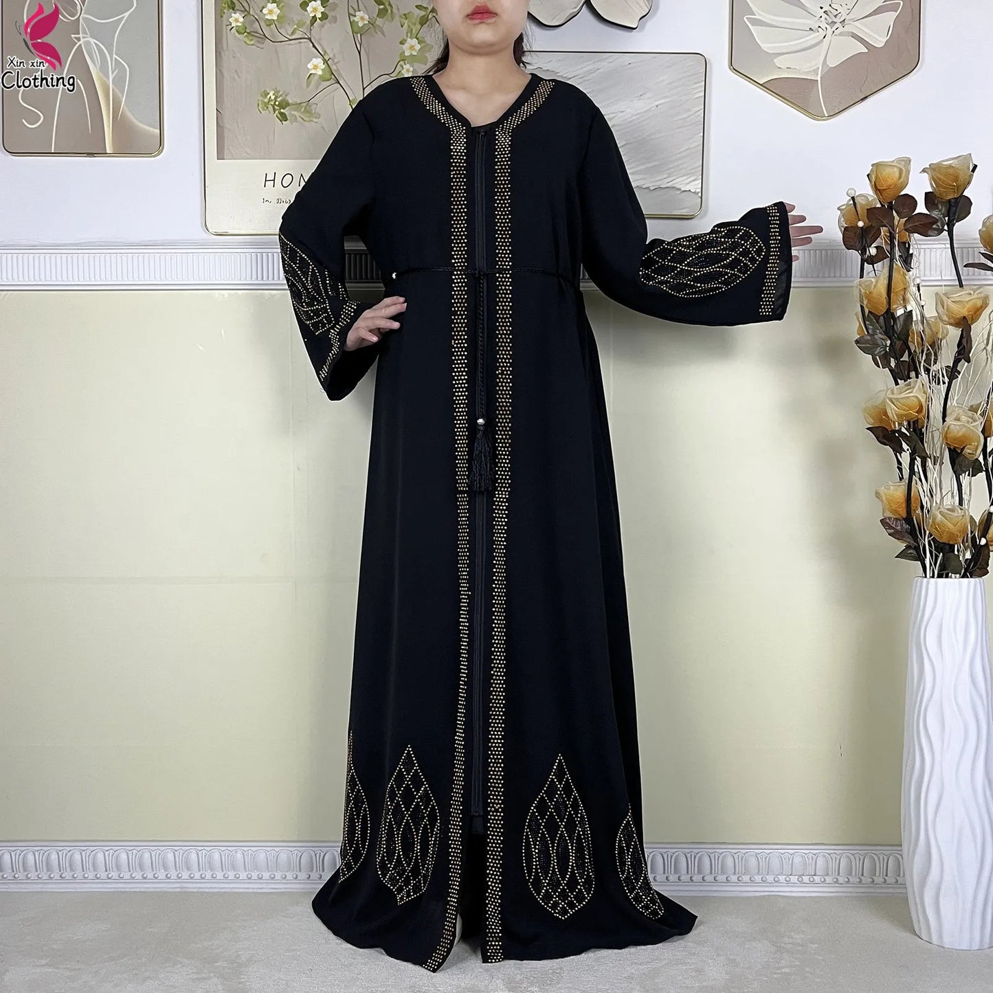 New Dubai Women Elegant Dress Diamonds Chiffon Open Abaya with Zipper Islamic Turkey Clothing Women Muslim Party Evening Dress.