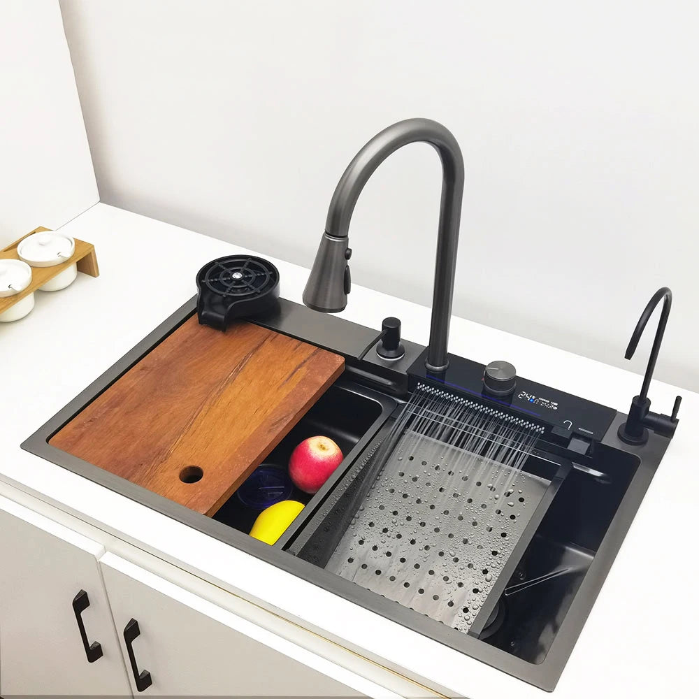 LED-Wasserfall-Küchenspüle, Spüle aus Edelstahl 304, großes Einzelbecken mit Multifunktions-Wasserfall-Wasserhahn über der Theke