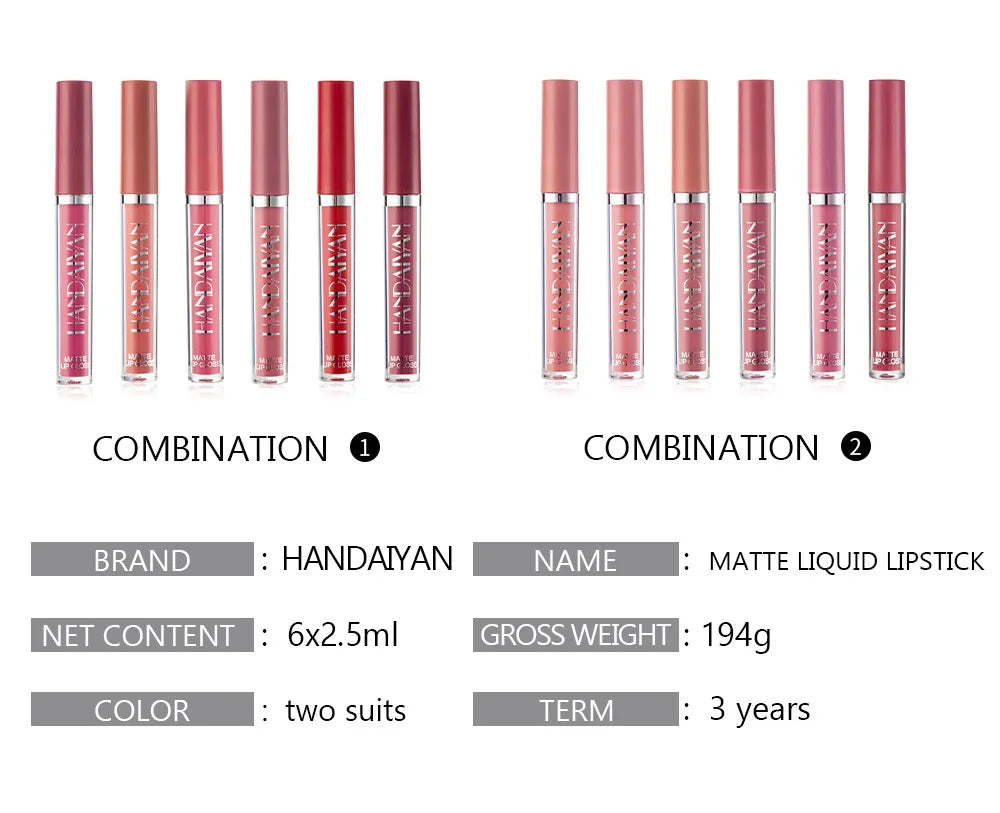 HANDAIYAN 6 PCS Lipstick Set Make-up for women Non stick Cup Waterproof Long lasting Cosmetics Korean makeup Matte lipstick.
