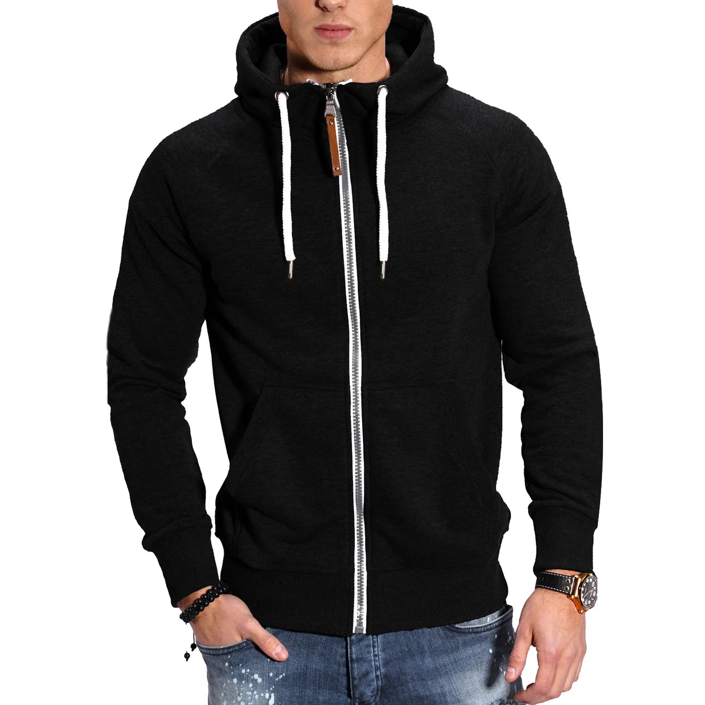 Men's Hoodies Long Sleeve Sweatshirts for Men Zipper Hooded Pullover High Neck Mens Sweatshirt Top Jacket Coat Black Sweater.