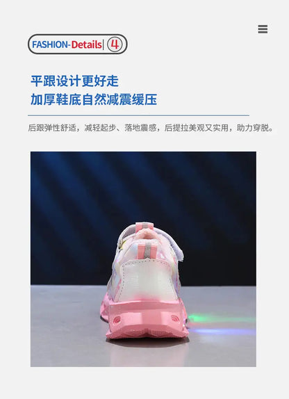 Disney LED Casual Sneakers For Spring Girls Frozen Elsa Princess Print Pu Leather Shoes Children Lighted Non-slip Pink Purple