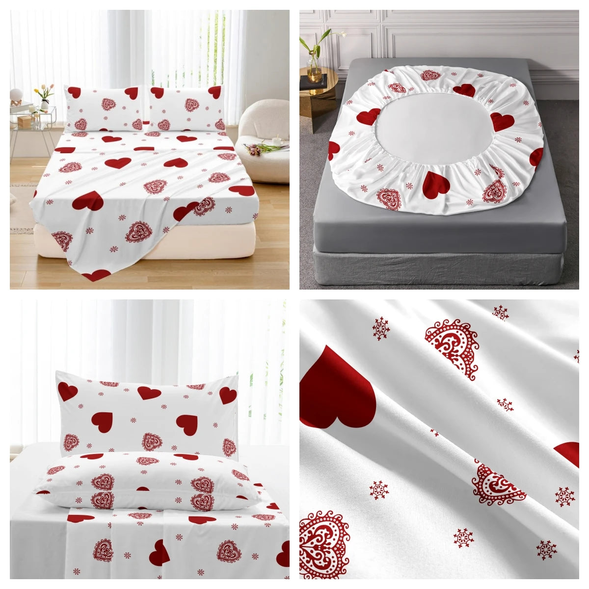 3pcs Valentine's Day Heart Print Bed Canopy Pillowcase Set Romantic Love Theme Red Heart Design Fitted Sheet Suitable for Girls.