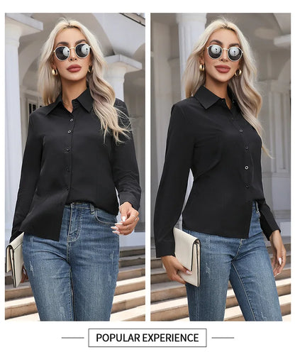 1pcs Woman Spring Autumn Solid color Shirts Lady Casual Long Sleeve Turn-down Collar Loose Shirt Female Fashion Temperament Tops.