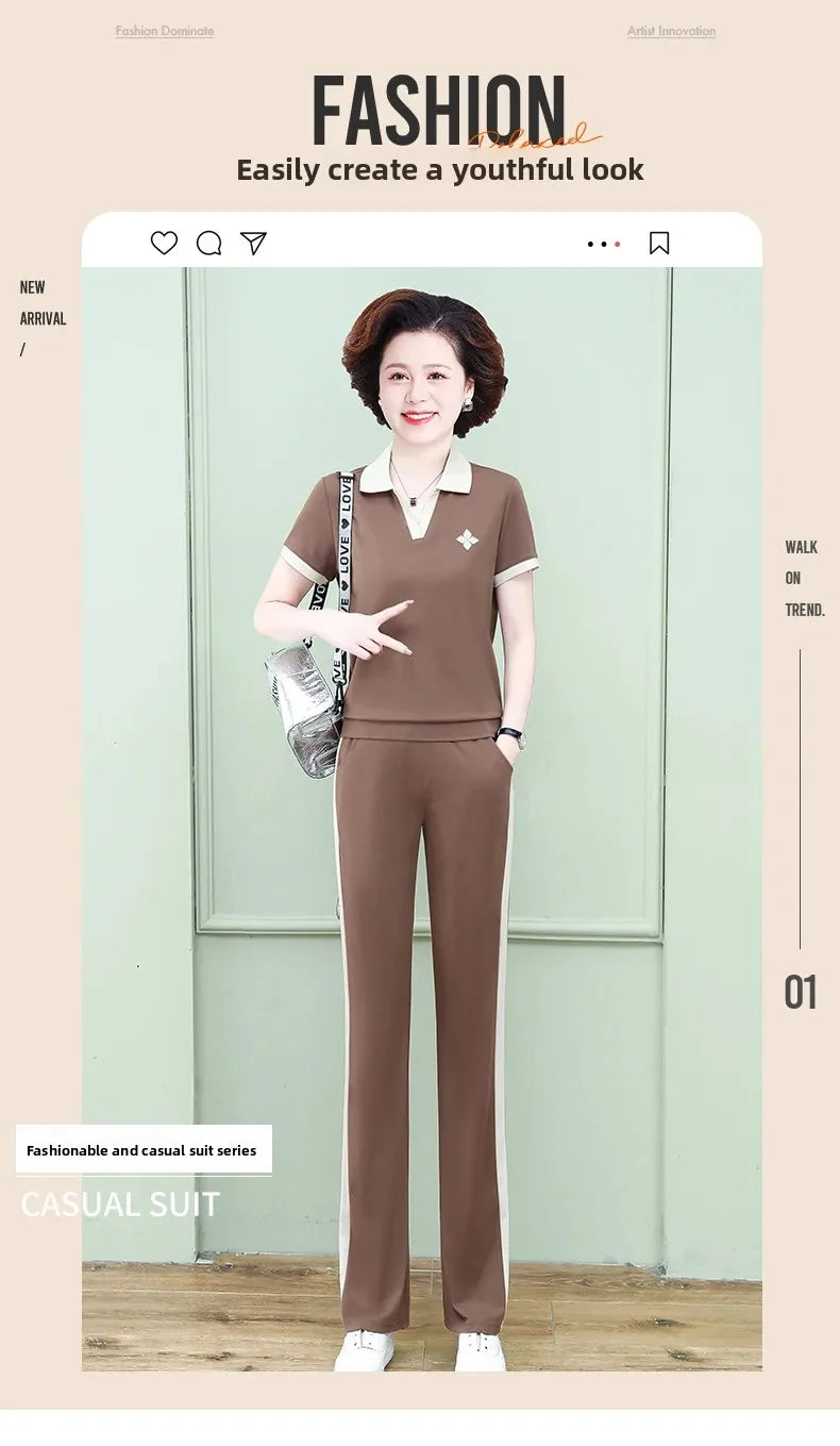 Casual Breathable Short Sleeve Sportswear Set for Middle-Aged Mothers Fashionable Summer Clothing Grandmother Style.
