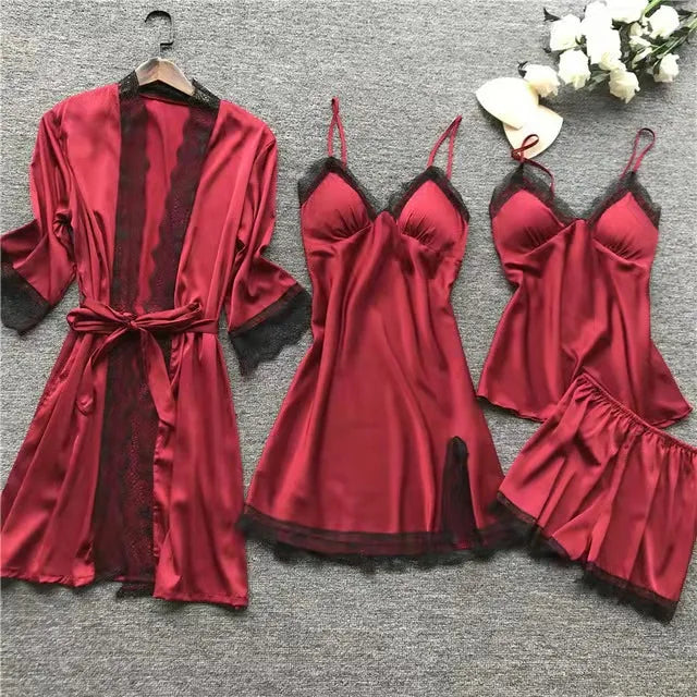 4PCS Nachtwäsche Pyjamas Set Seide Frauen Nachthemd Spitze Kleid Robe Schlaf Nachtwäsche Seide Einfarbig Pijama Sets.