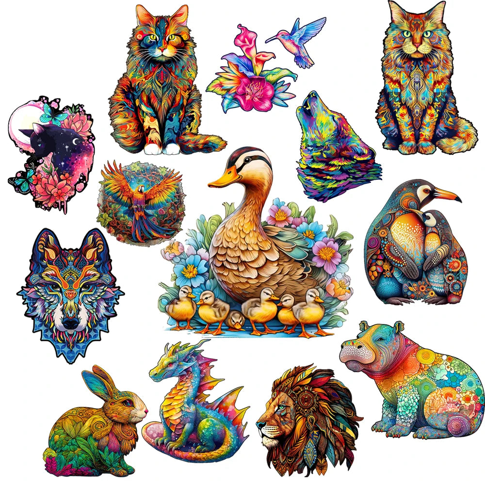 Irregular Shaped Wooden Animal Puzzle DIY Puzzle Party Games Educational Gift for Kids Holiday Gift Intelligent Cat Wood Jigsaw.