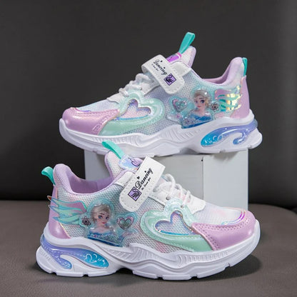 Disney Girls' Casual Shoes Frozen Priness Elsa Sneakers Mesh Leather White Breathable Sole Children's Sport Shoes Size 26-37
