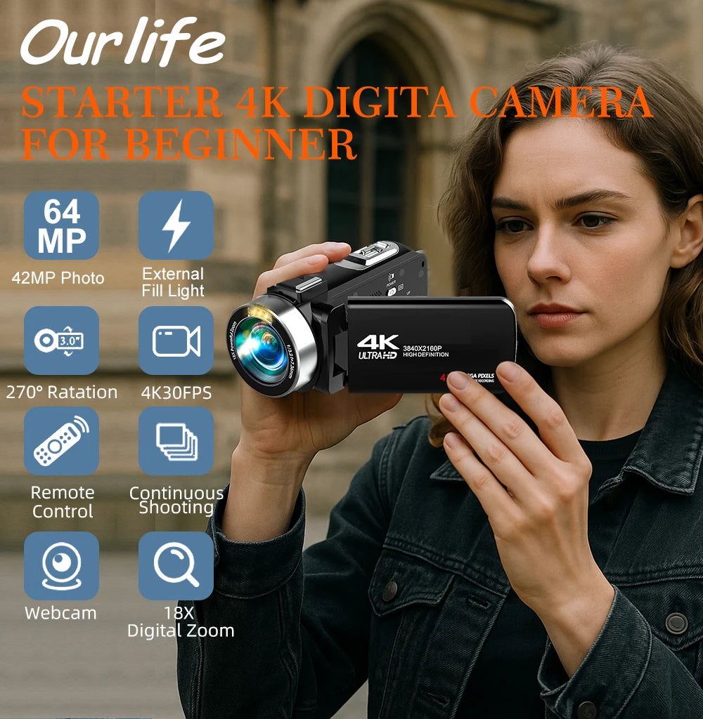 Ouelife 4K Digital Photography Camera 42 Megapixels HD Digital Camera 18X Digital Zoom 3.0'' screen Portable Video Recorder.