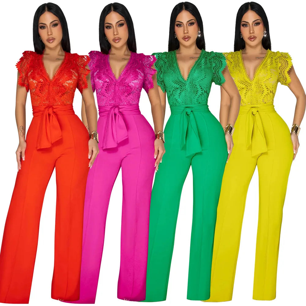 Summer Fashion Lace High Waisted Jumpsuit Women Elegant OL Lace Sleeveless Waistband Straight Jumpsuit Women.