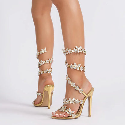 Bling Luxury Crystal Butterfly Flowers Decor Women Gladiator Sandals Fashion Summer High Heels Wedding Banquet Shoes Sandalias.