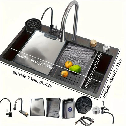 Multifunctional Stainless Steel Kitchen Sink – Double Basin Undermount with Waterfall Faucet, Drain Basket & Cutting Board