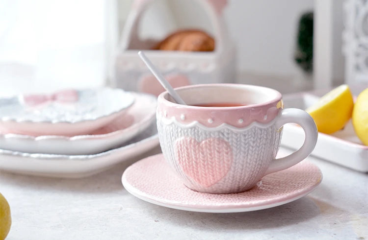 250ml Ceramic Tea Cup And Saucer Set Kawaii Bowknot Coffee Cup Dish Pink Wool Knitting Mug Microwave Safe.