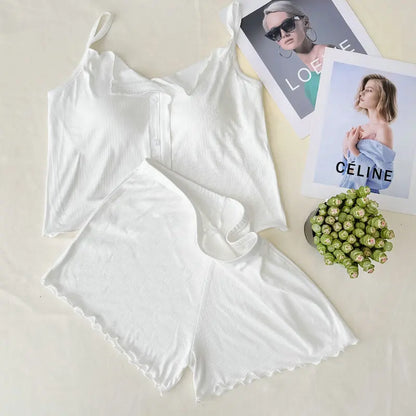 Conjuntos De Pijama Neue Sexy Baumwolle Sling Top Shorts Set Bh Pad Sommer Nachtwäsche Pyjamas Für Frauen Hause Tragen Nachtwäsche Anzug.
