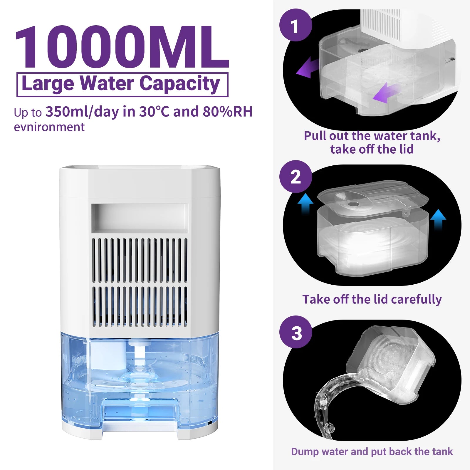 LOEFME 1000ml Portable Dehumidifier for Home Bedroom Office Kitchen Portable Dehumidifier Silent Auto Shut Off 7 Colorful LED.