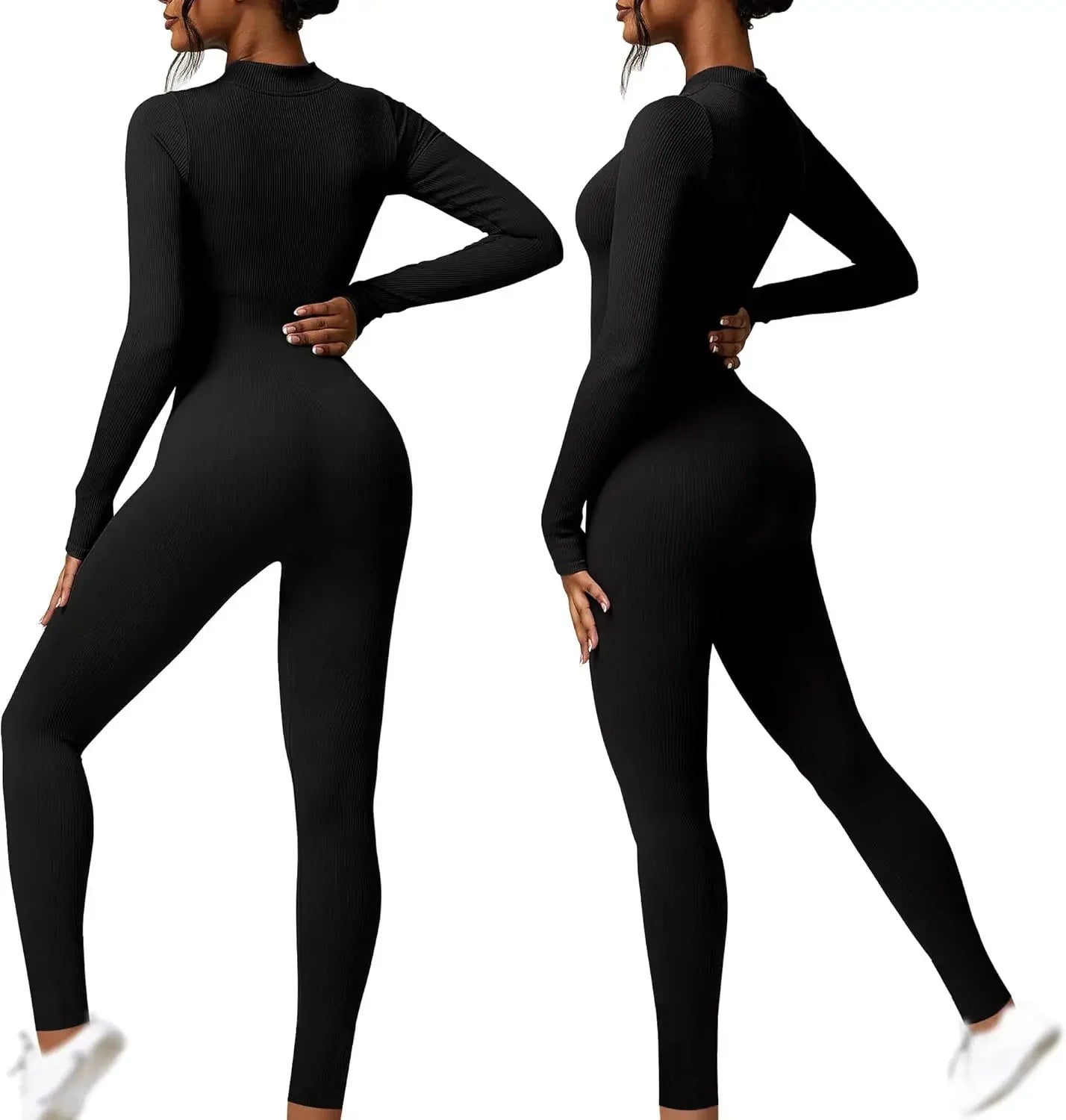 Seamless Long Sleeve Yoga Suit Waist-Fitted Shaping Trousers Casual Sports One-Piece Zippered Fitness Wear.