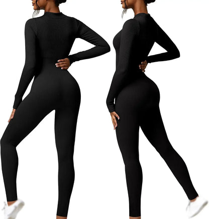 Seamless Long Sleeve Yoga Suit Waist-Fitted Shaping Trousers Casual Sports One-Piece Zippered Fitness Wear.