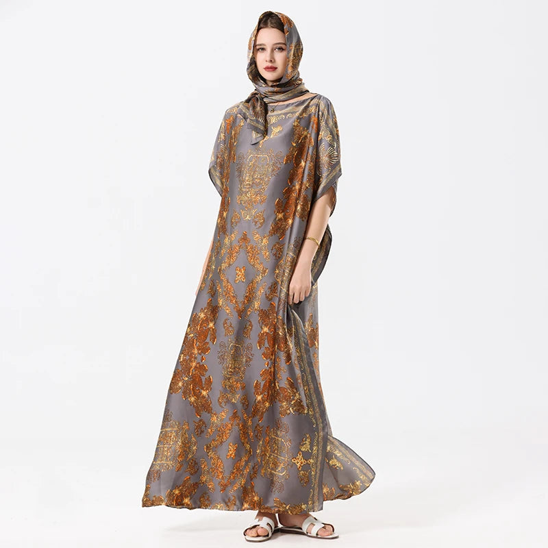 New Malaysian Muslim Print Dress Women Loose Arabic Long Maxi Dress Summer Sunscreen Cool Abaya Beach Hijab Dress Plus Size.