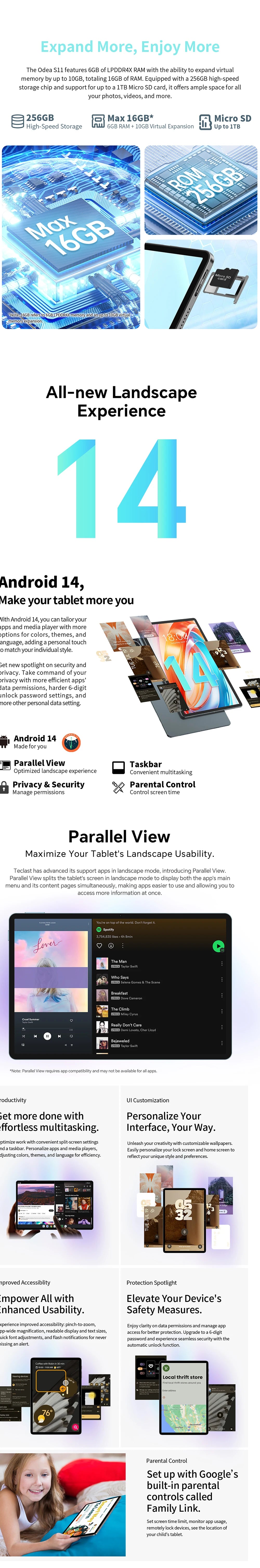 Odea S11 Tablet Android 14 Max 16GB RAM 256GB ROM T606 8-core 11 inch TDDI Tablets 4G VoLTE GPS 8000mAh Widevine L1 Type-C.