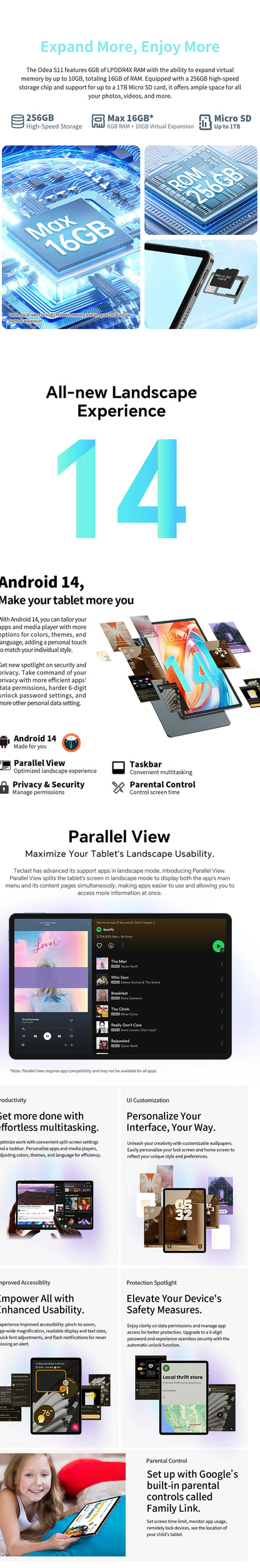 Odea S11 Tablet Android 14 Max 16GB RAM 256GB ROM T606 8-core 11 inch TDDI Tablets 4G VoLTE GPS 8000mAh Widevine L1 Type-C.