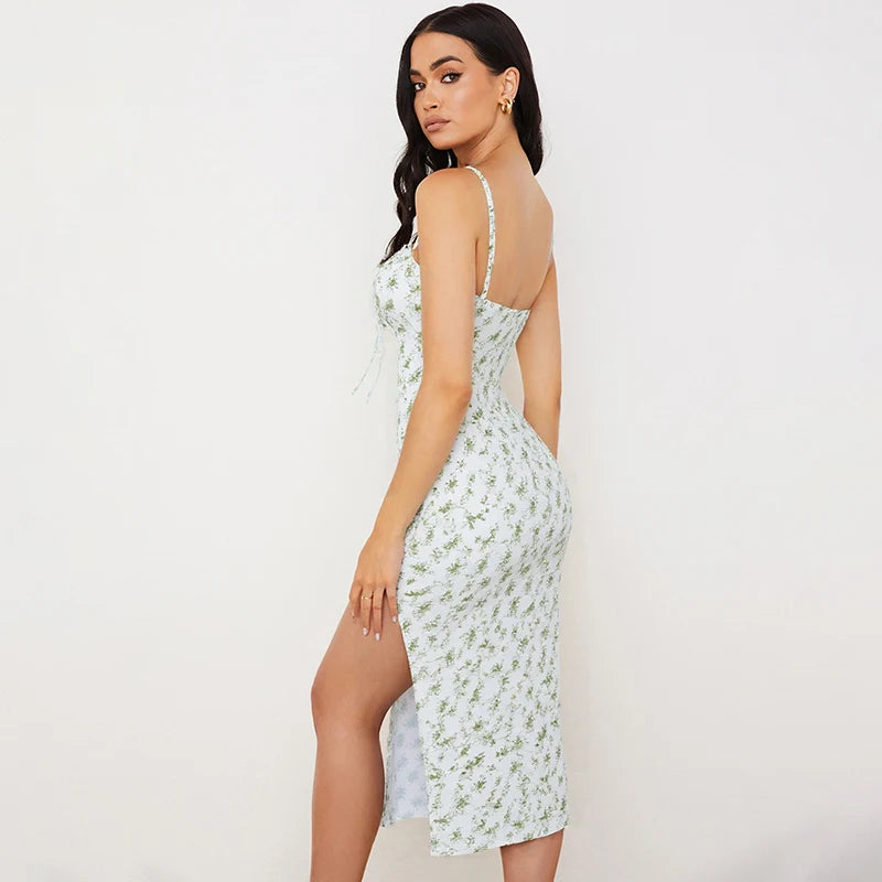 Hugcitar 2025, ärmellos, Satin, Slip, Blumenmuster, gerüscht, Bandage, Ausschnitt, Maxikleid, Frühling, Damenmode, sexy Party, Club, Robe Kpytomoa