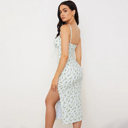 Hugcitar 2025, ärmellos, Satin, Slip, Blumenmuster, gerüscht, Bandage, Ausschnitt, Maxikleid, Frühling, Damenmode, sexy Party, Club, Robe Kpytomoa