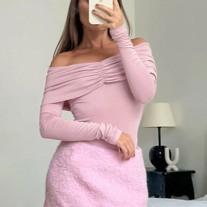 Talenza Sexy Ruched Top Women's One-Shoulder Long Sleeve Backless Solid Pullover Top Summer Female Office Lady Casual Top Women.