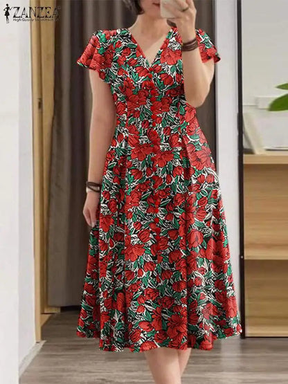 ZANZEA Elegante Frauen Floral Print Midi Kleid Sommer 2025, Casual Rüschen Kurzarm V-ausschnitt Vestidos Mode Cinched Taille Roben.