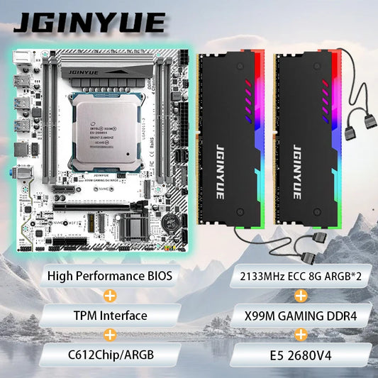JGINYUE X99 Motherboard M-ATX combo E5 2680 V4 8GB*2 2133MHz DDR4 ECC RGB RAM kit bundle TPM interface DIY Fun new ARGB software.