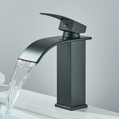 Quyanre Matte Black Waterfall Basin Faucet Single Handle Mixer Hot Cold Water Basin Crane Tap For Bathroom Wash Basin Mixer Tap