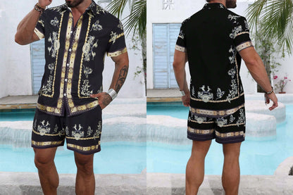 Baroque Luxury Printed Men's Shirt Shorts 2 Piece Set Summer Casual Shirt Hawaiian Beach Short-sleeved Men's Suits Clothing.