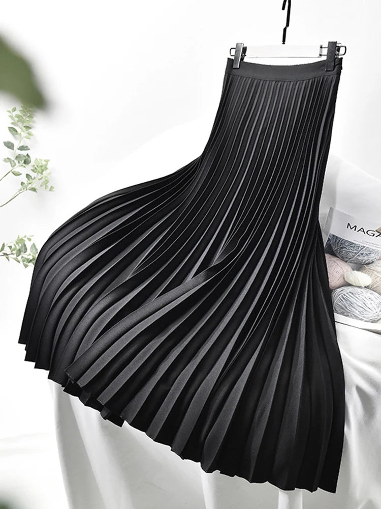 Brand Designer Women Spring Autumn Elegant Chic Solid Pleated Skirt High Waist Luxury Fashion With Elastic Female C-035.