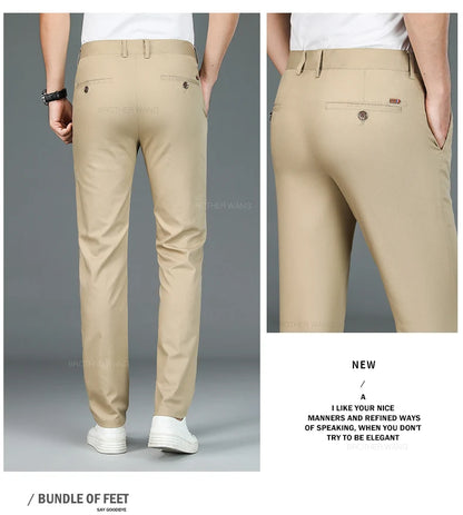 Bamboo Fiber Fabric Men's Casual Pants Summer New Ultra-thin Elastic Soft Straight Business Trousers Classic Black Khaki Gray.