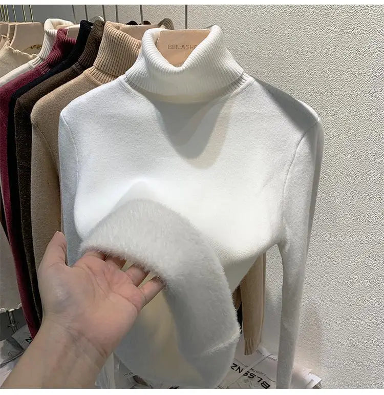 2025 neue Verdicken Hohe Kragen Pullover frauen Pullover Top Winter Warme und Weiche Einfarbig Inneren Tragen Bodenbildung Shirt