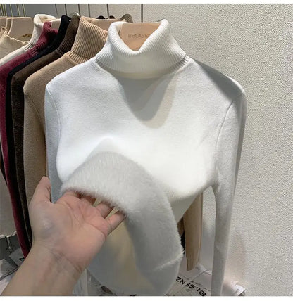 2025 neue Verdicken Hohe Kragen Pullover frauen Pullover Top Winter Warme und Weiche Einfarbig Inneren Tragen Bodenbildung Shirt
