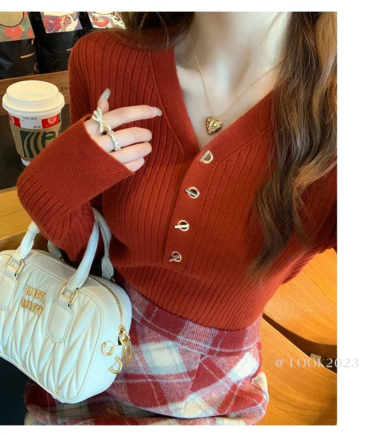 2023 herbst Winter Frauen Pullover Beiläufige Dünne Taste Gestrickte Pullover Pullover Femme Grundlegende Solide Jersey Tops Mode Kleidung.