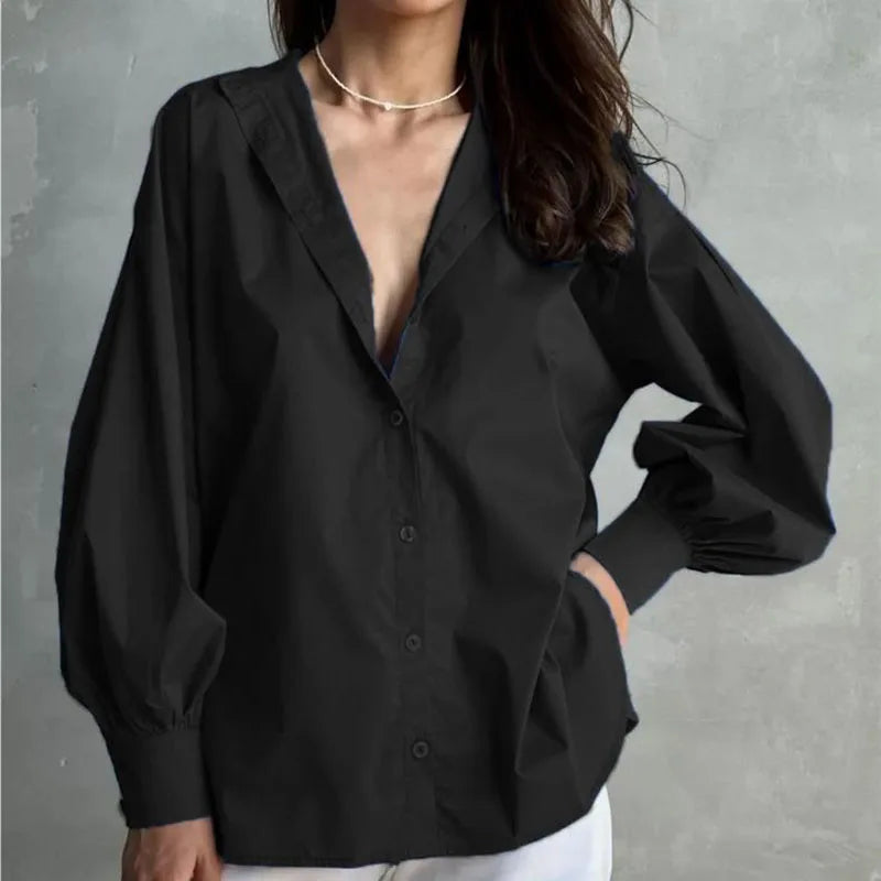 Women's Lantern Sleeve Oversized Blouse 2025 New Casual Loose Streetwear Black White Shirt Woman Vintage All-Match Basic Blusas.
