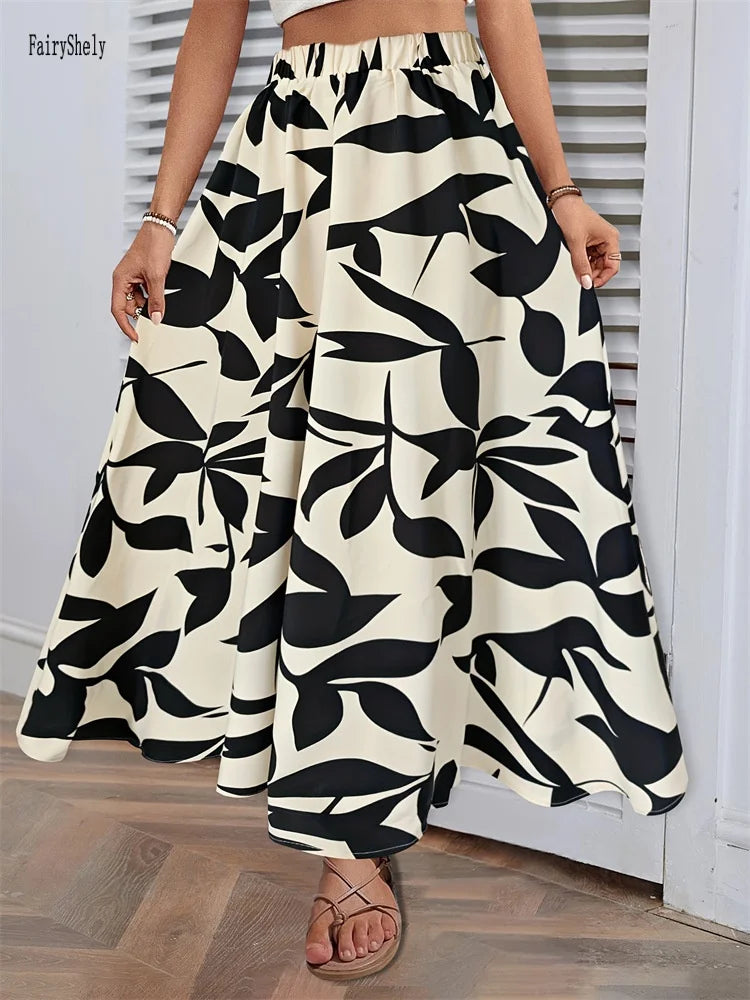 Fairyshely Casual Leaf Print Long Skirt For Women 2025 Summer Ruffle High Waist Maxi Skirt Ladies Elegant A line Pleated Skirt.