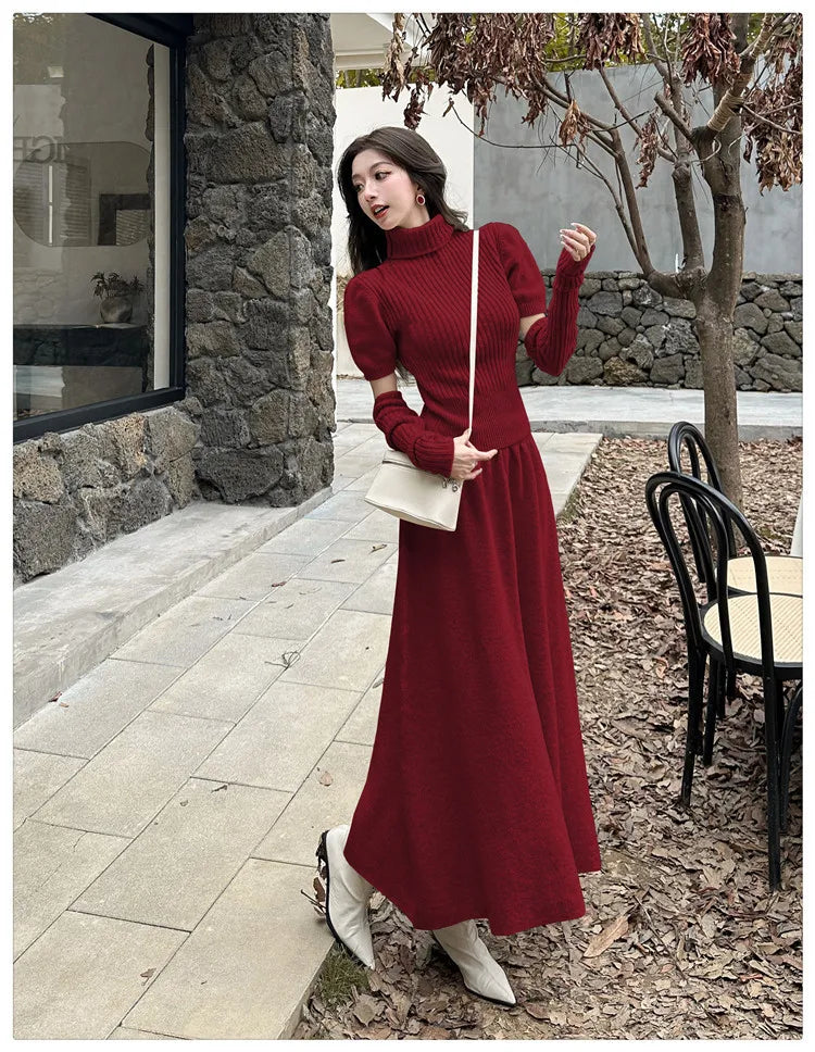 VigoAnne Spring Autumn 2025 Turtleneck Knit Woman 2 Piece Set Casual Solid High Waist Skirts Suits Korean Lady Long Dress Suit