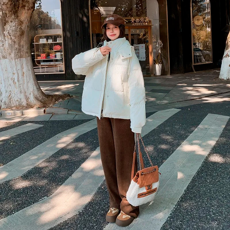 2024 Winter Neue frauen Unten Baumwolle Gefütterte Jacken Stilvolle Mit Kapuze Einfarbig Casual Verdicken Warme Lose anliegende kurze Mäntel