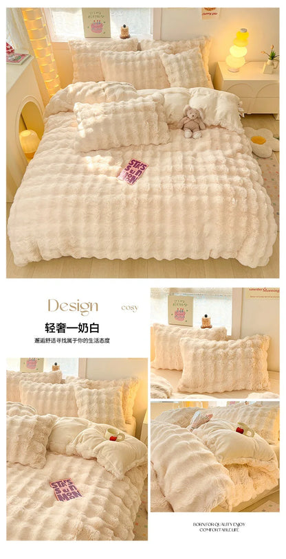 2024 new light luxury rabbit velvet four-piece set thickened warm milk velvet rabbit hair tie-dye bed sheet quilt cover