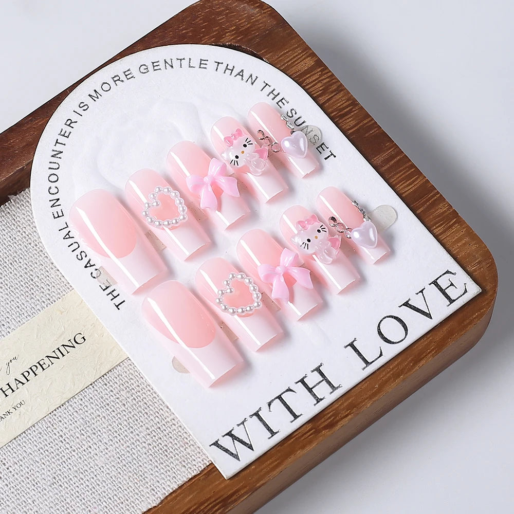 24Pcs Long Square Pink Hello Kitty False Nails French Wearable Full Cover Fake Nails Kitty Cat Bow Heart Design Press On Nails.