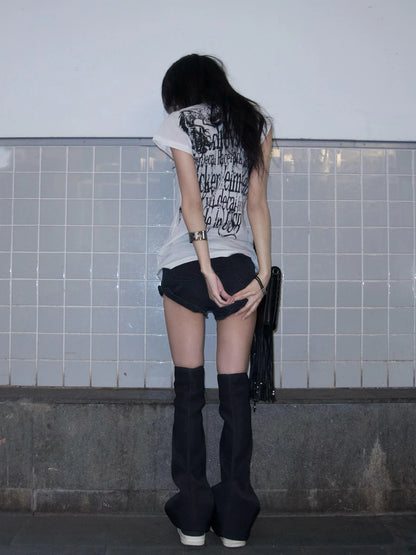 Karrram Japanese Y2k Letter Print T-shirt Trashy 2000s Style Tattoo T Shirt Vintage Harajuku Short Sleeve Sheer Tops Grunge Goth.