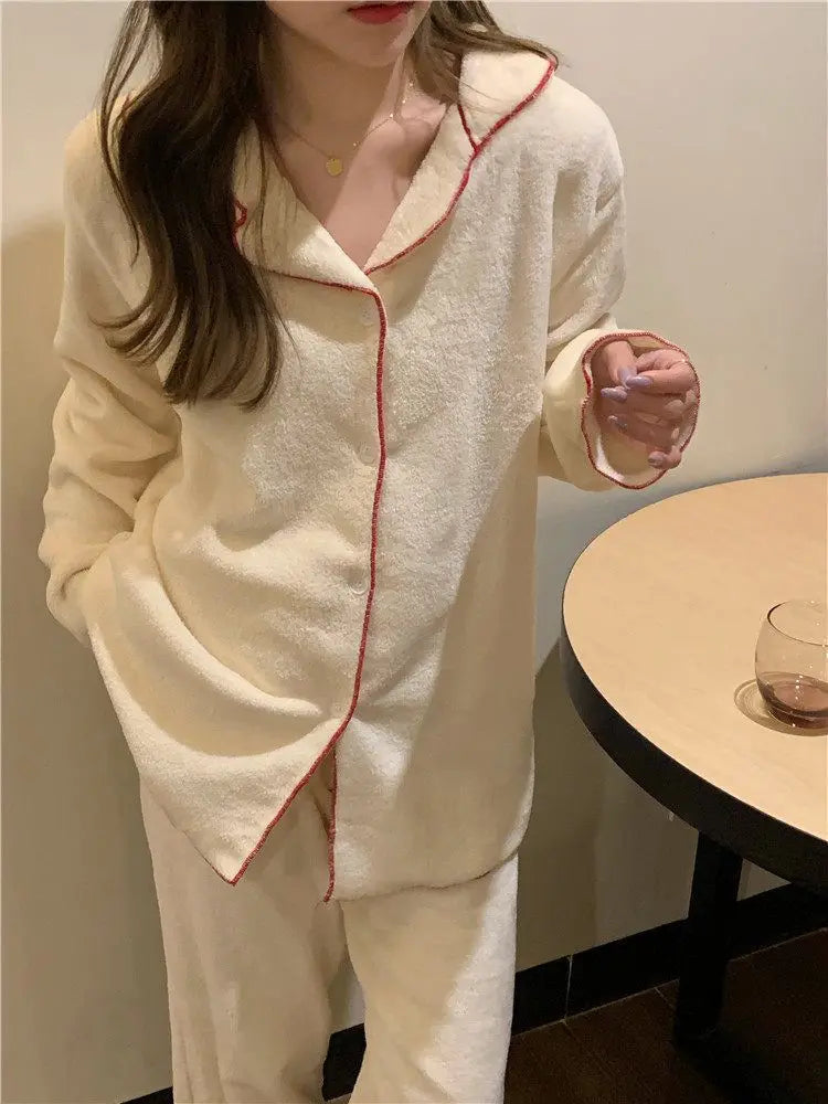 Flannel Women's Pajamas Sets Casual Autumn Winter Sleepwear Velvet Pyjama Ladies Cardigan Simple Bedroom Soft Warm Home Clothes