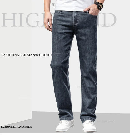 Spring Summer Thin Men's Classic Jeans Elastic Loose Straight Cotton Casual Denim Trousers Brand Clothing Business Male Pants.